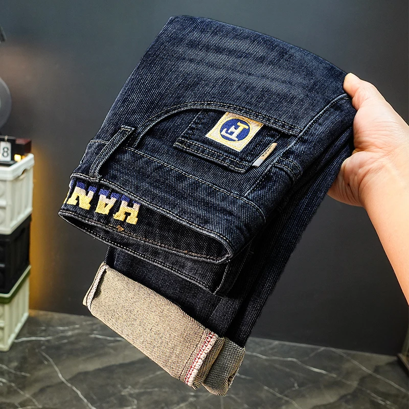 

Модные мужские джинсы с вышитым принтом, осень/зима 2023, новые высококачественные облегающие эластичные повседневные длинные брюки на маленькой ноге