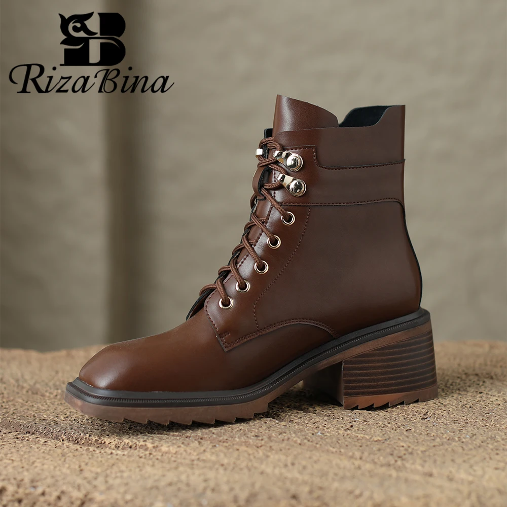 

RIZABINA Cow Leather Women Ankle Boots British Style Square Toe Short Boots Lace-Up Comfort Non-slip Thick Sole Handmade Boots