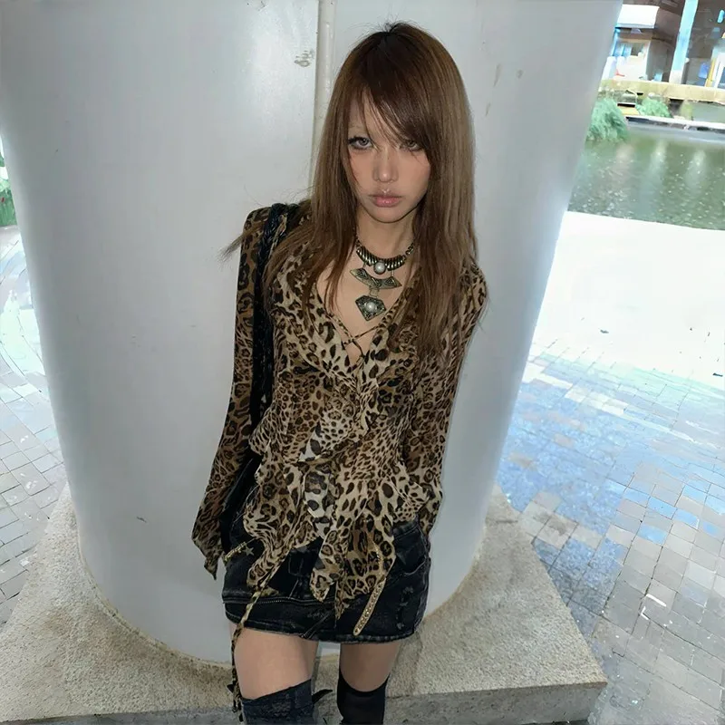 karrram Japanese Y2k Leopard Print Shirt Vintage Harajuku Ruffled Blouses Grunge Aesthetics V-neck Irregular Shirt Trashy 90s