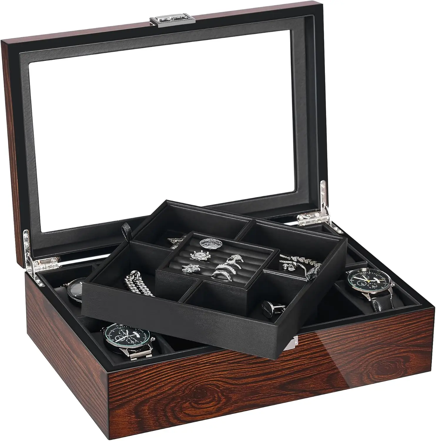 Caja de Joyería de Madera para Hombre con Tapa de Vidrio, Estuche Organizador de Relojes para Pendientes, Anillos y Pulseras, Color Marrón