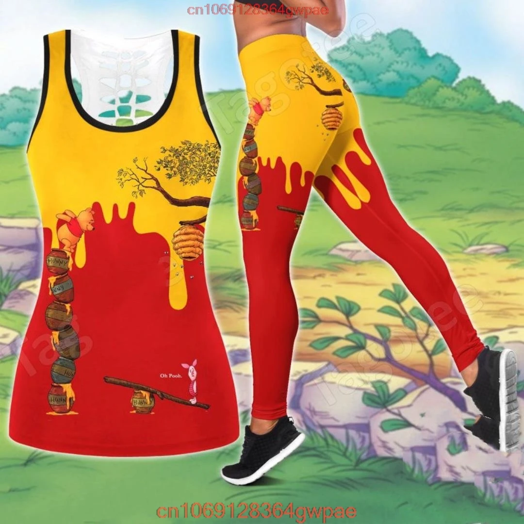 Winnie the Pooh Women's Hollow Tanktop Leggings Yoga Set Summer Fitness Leggings Tracksuit Disney Cutout Tank Top Leggings Set