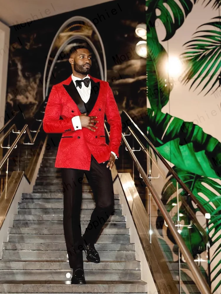 Africa Jacquard Men's Suits Double Breasted 3 Piece Set Peaked Lapel Red Wedding Groom Tuxedo Prom Slim Fit Blazer Customized