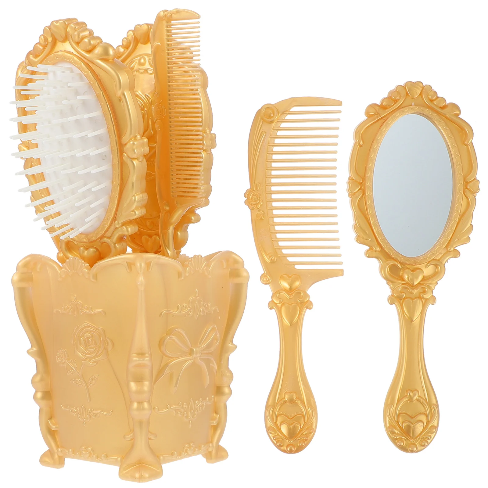 

5 Pcs Storage Holder Vanity Mirror Comb Set Pocket Home Hair Organizer Golden Brush