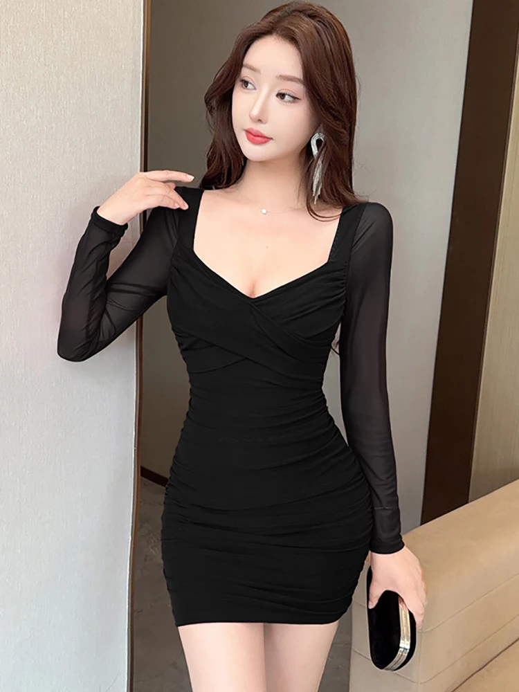 Herfst Winter Witte Mesh Vierkante Kraag Korte Jurk Vrouwen Geplooide Bodycon Hip Wrap Jurk 2025, Koreaanse Elegante Verjaardagsfeestje Jurk