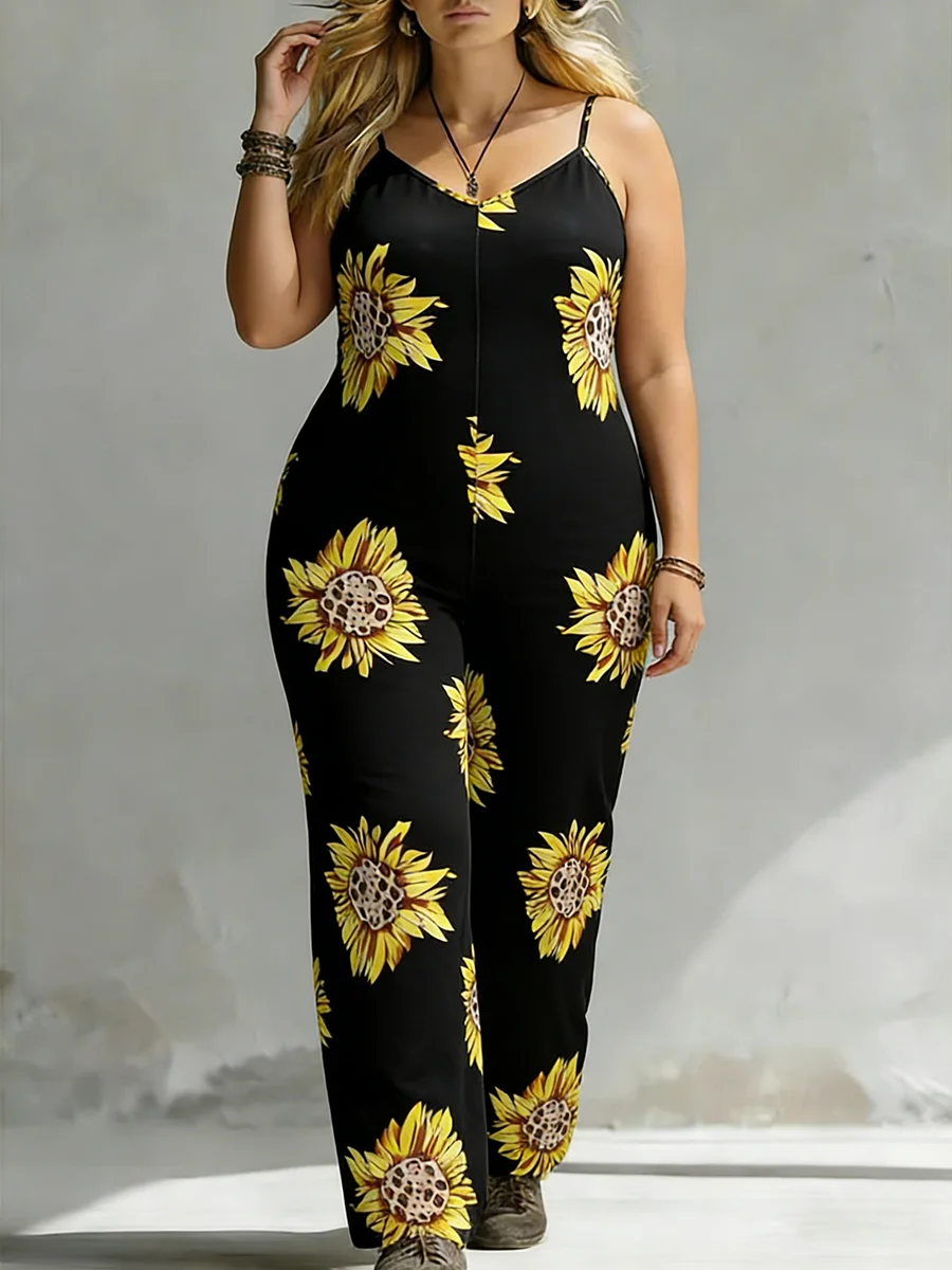 

Plus Size Women's Overalls Spaghetti Strap Sunflower Print Wide Leg Boho Trousers Spring Summer Casual Beach Lightweight Outfit