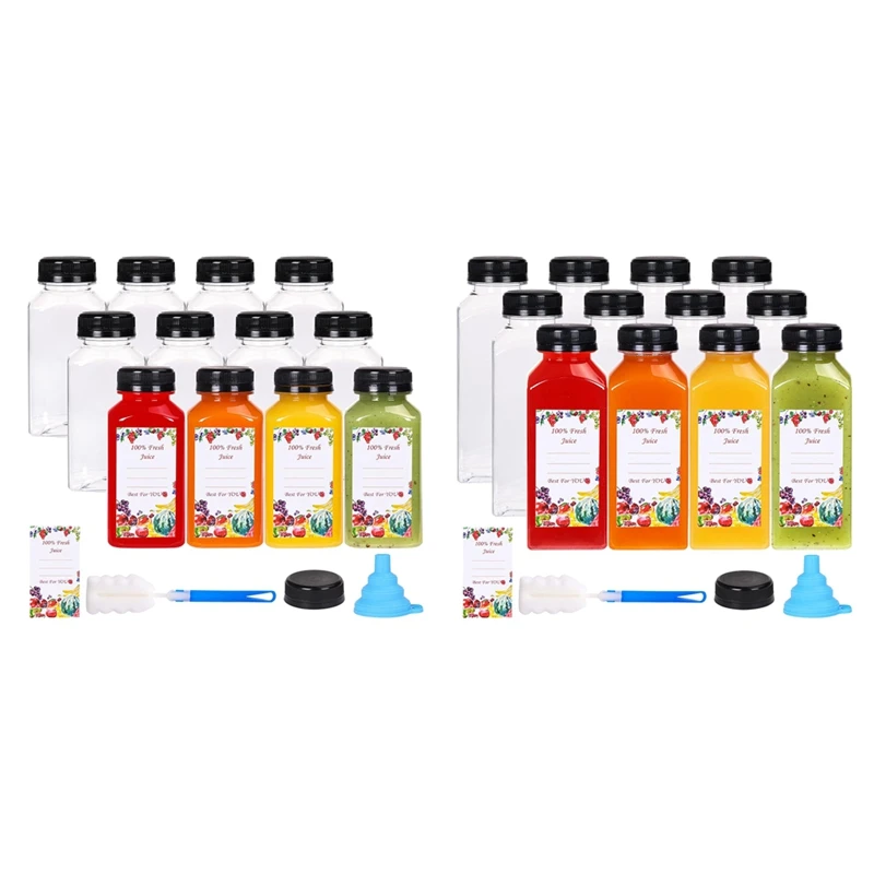 12Pcs Plastic Juice Bottles With Tamper Evident Caps, Reusable Clear Juice Containers With Labels, Funnel And Brush