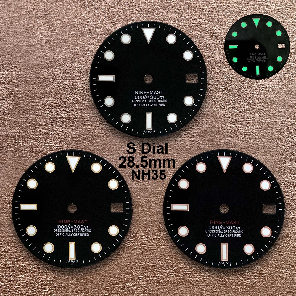 

28.5mm S Logo Dial Suitable For NH35 Movement Green Luminous Black Enamel Quality Dial Watch Modification Accessories