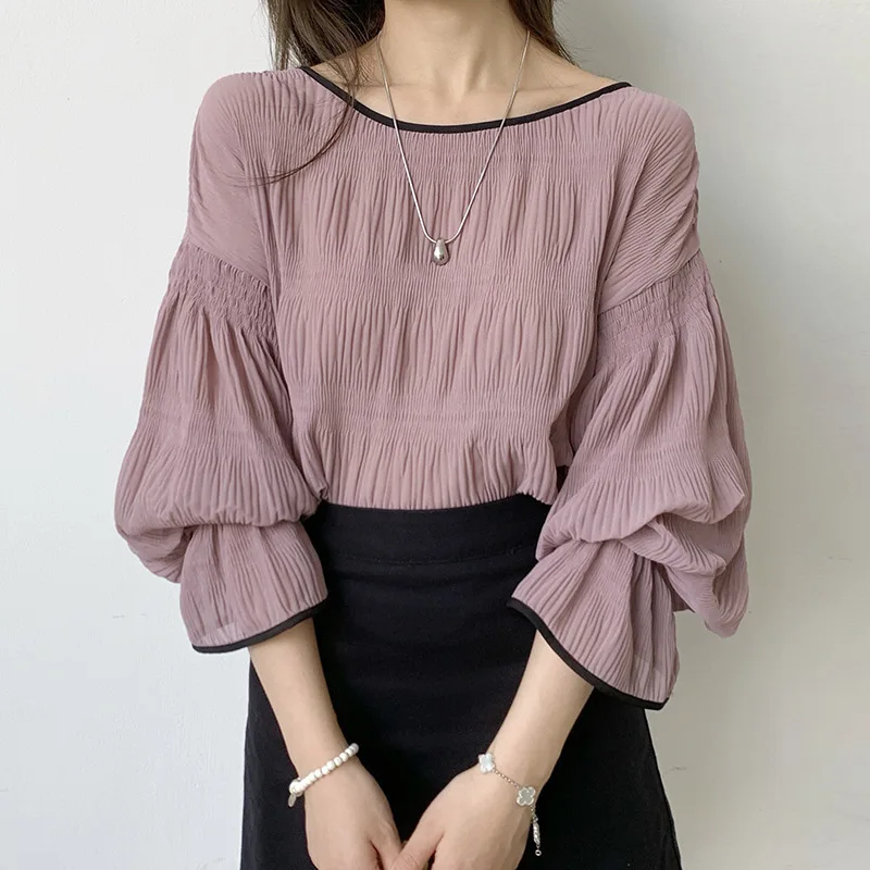 일본 라쿠텐 인스 루즈 플리츠 플레어 슬리브 쉬폰 블라우스