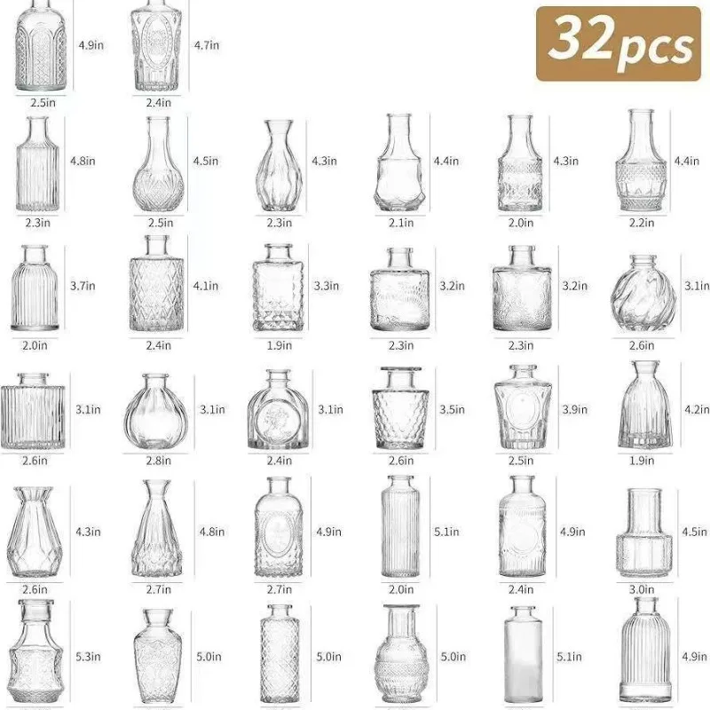 16PCS/SET Retro Relief Mini Glass Vase European Crystal Transparent Vase Elegant Decoration Small