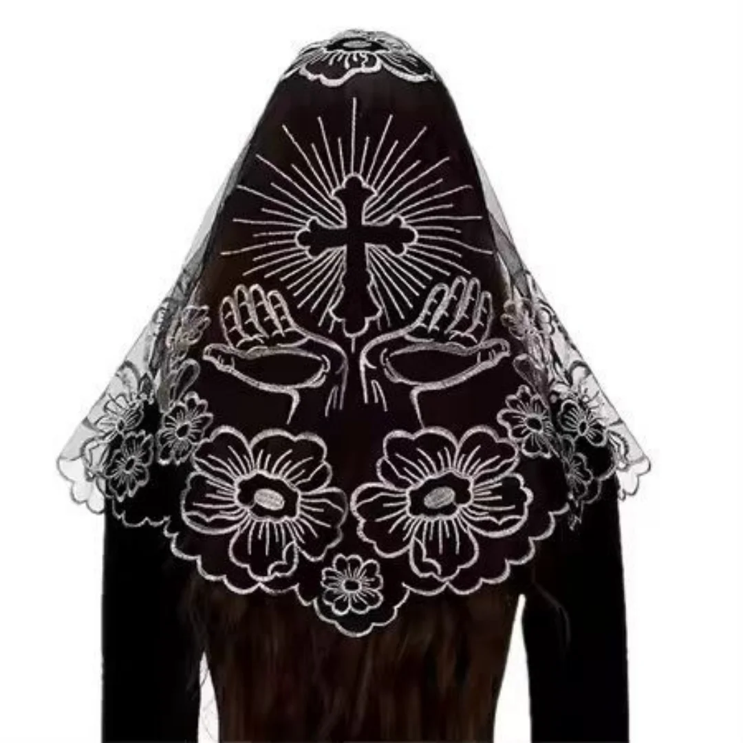 Velos de iglesia cruzados bordados para mujer, Mantilla Triangular de encaje español, velo de capilla católica, velo católico que cubre la cabeza