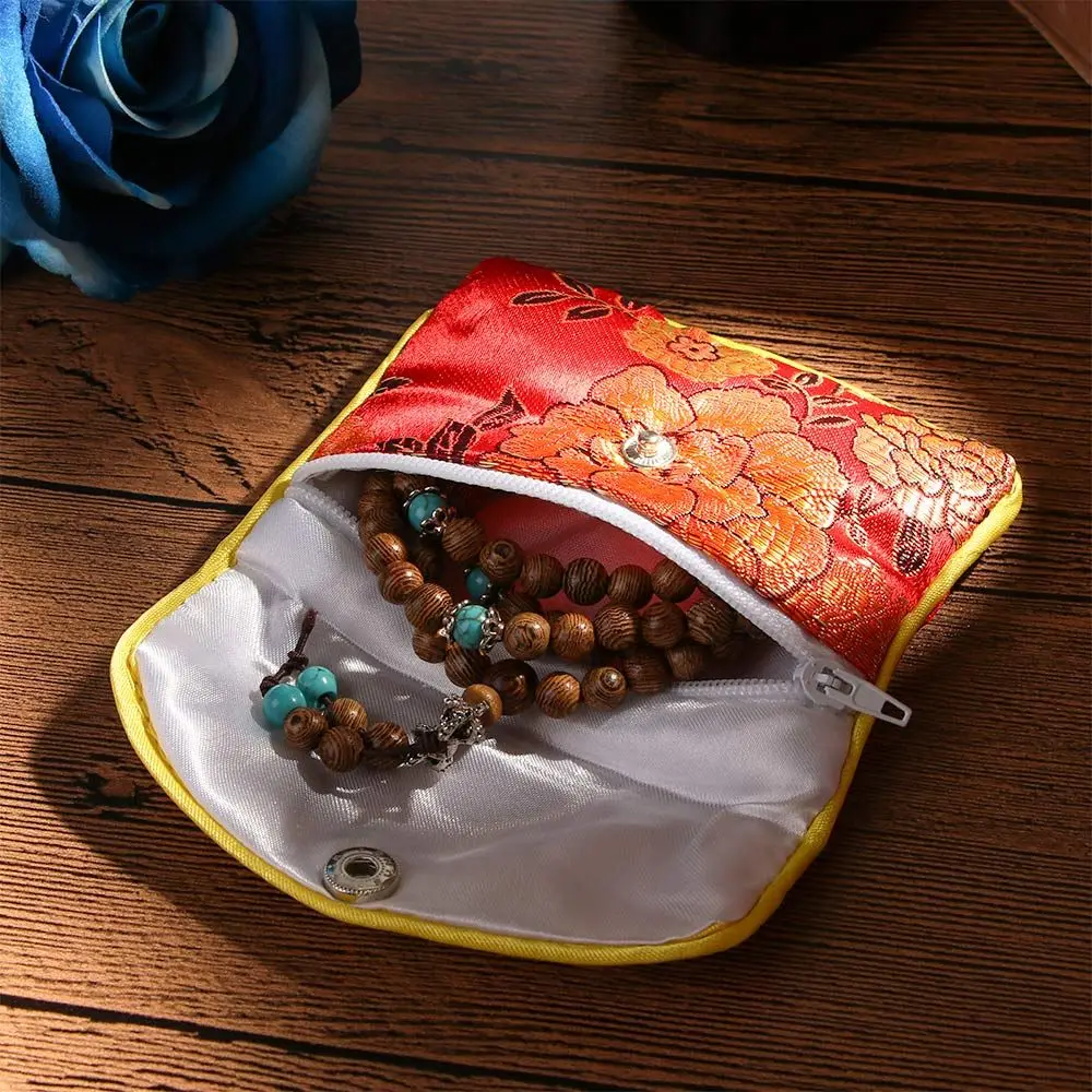 

Silk Embroidery Necklace Container Chinese Snap Coin Purse Zipper Buckle Brocade Wallet Jewelery Bag Handbags Jewelery Storage