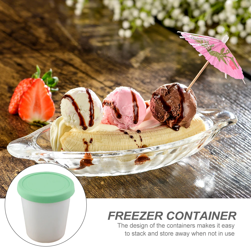 

2pcs Round Ice Cream Bucket Containers Silicone Lids Dessert Yogurt Freezer Storage Cup Stackable Food Container Bpa Free