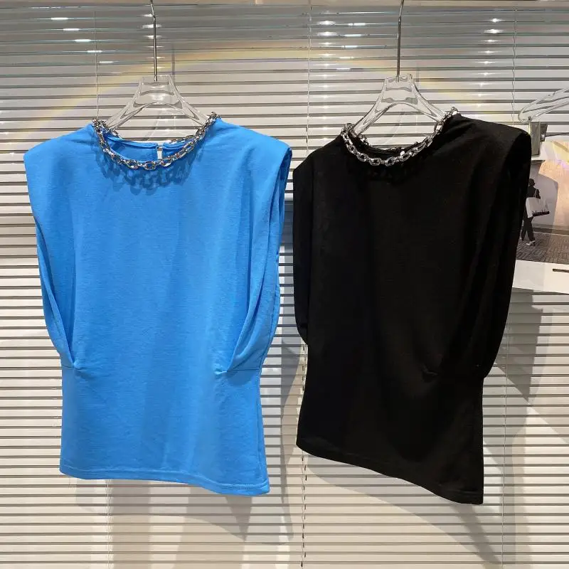   سلسلة معدنية ort Sve تي شيرت نسائي Sle oulder Pad Caixue صيف جديد وصول Faionable جولة Ne الأعلى