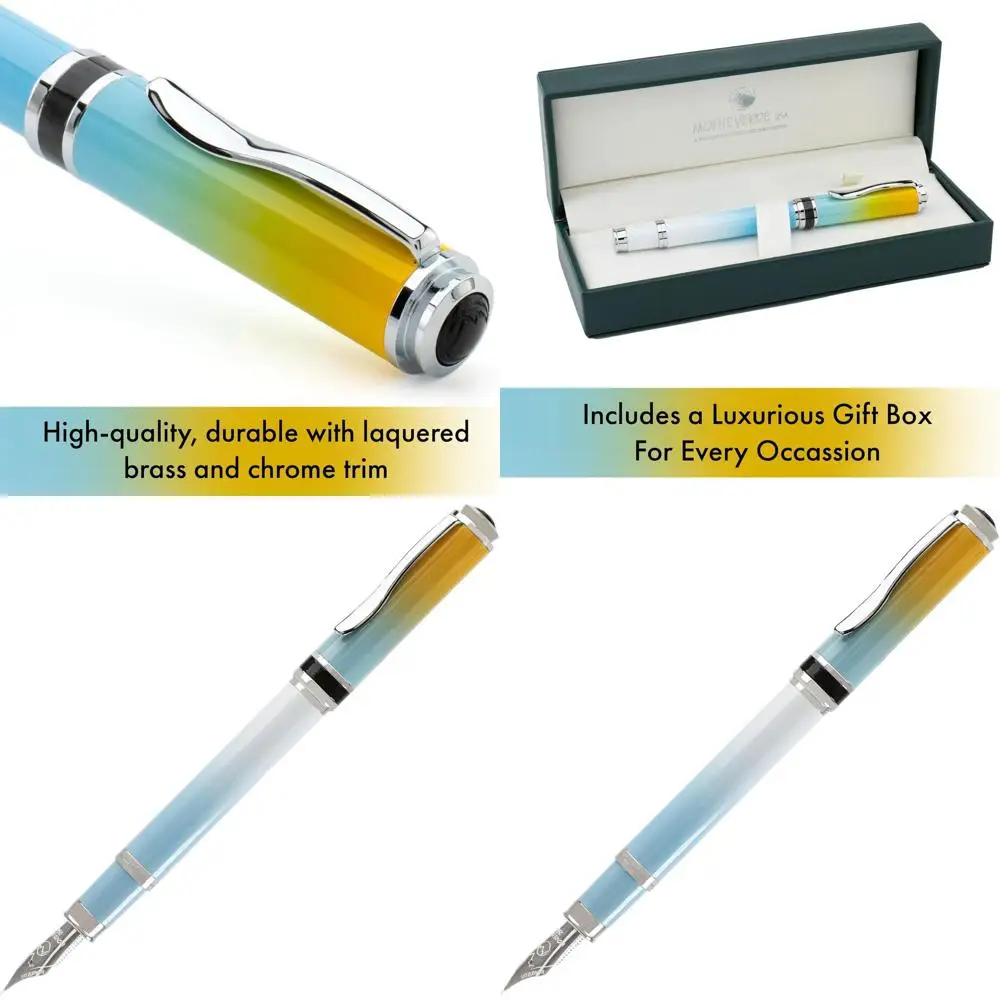 

Luxury Ombre Fusion Bliss Fountain Pen with Stub Nib - Refillable, Gold/Blue/White Gradient, Gift Box