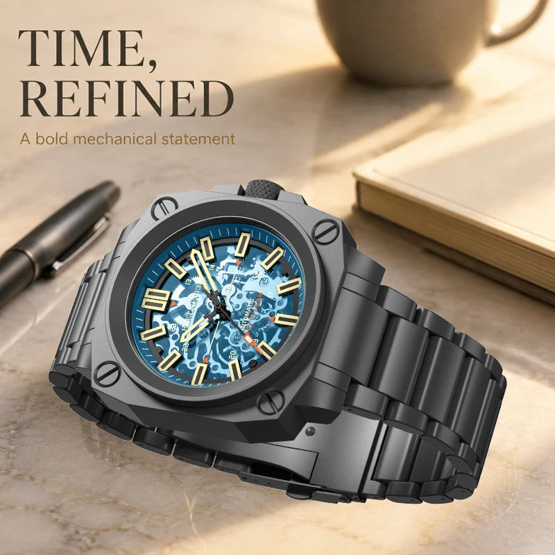 FeelNever Mechanical Man Watch Rugged Luxury Casual Sports Stainless Steel Hollow Out Waterproof Luminous Automatic Watches Male view 2