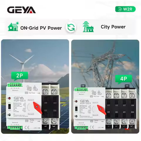 GEYA On-Grid PV ATS: Din Rail Automatic Transfer Switch (2P/3P/4P, 63A, 220VAC) - PV to Mains Power