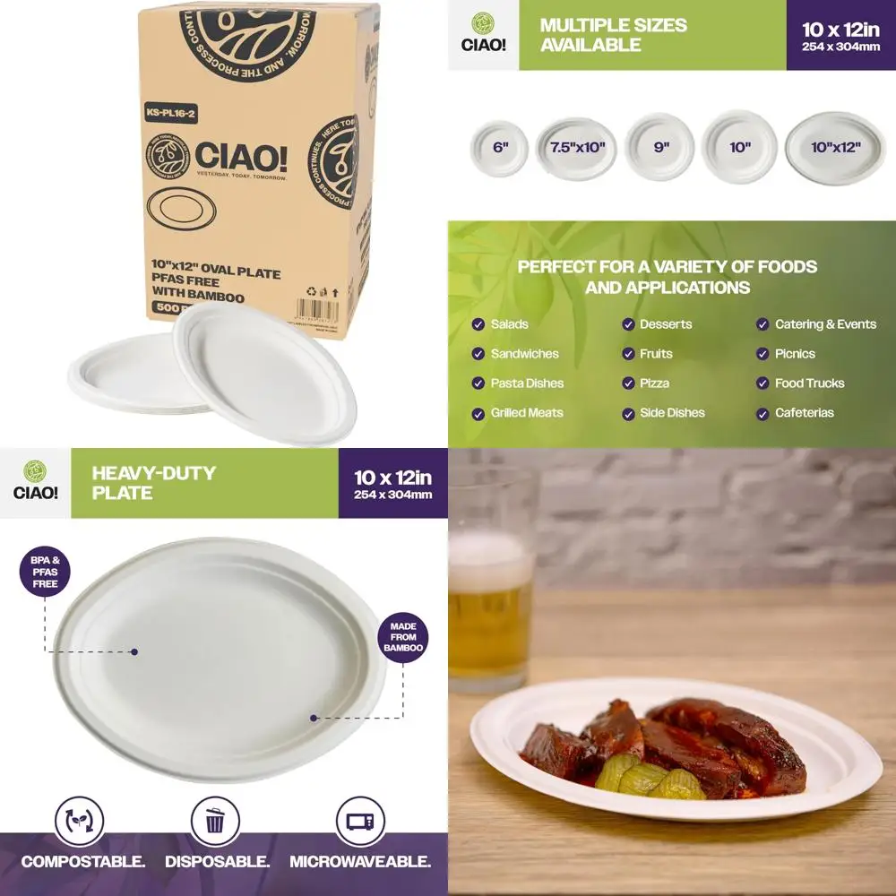 

Heavy Duty 100% Compostable PFAS-Free Unbleached Bagasse Oval Plates - Natural White, Pack of 500