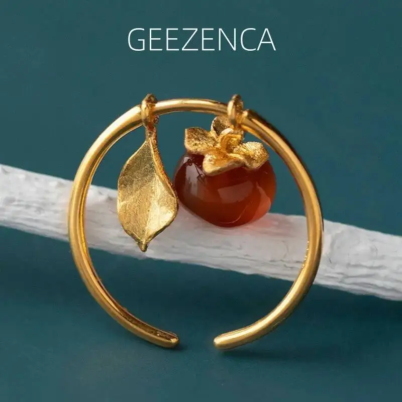 

GEEZENCA Red Agate S925 Silver Leaf Fruit Open Rings For Women Plant Persimmon Unique Chic Luxury Cocktail Ring New Party Gift