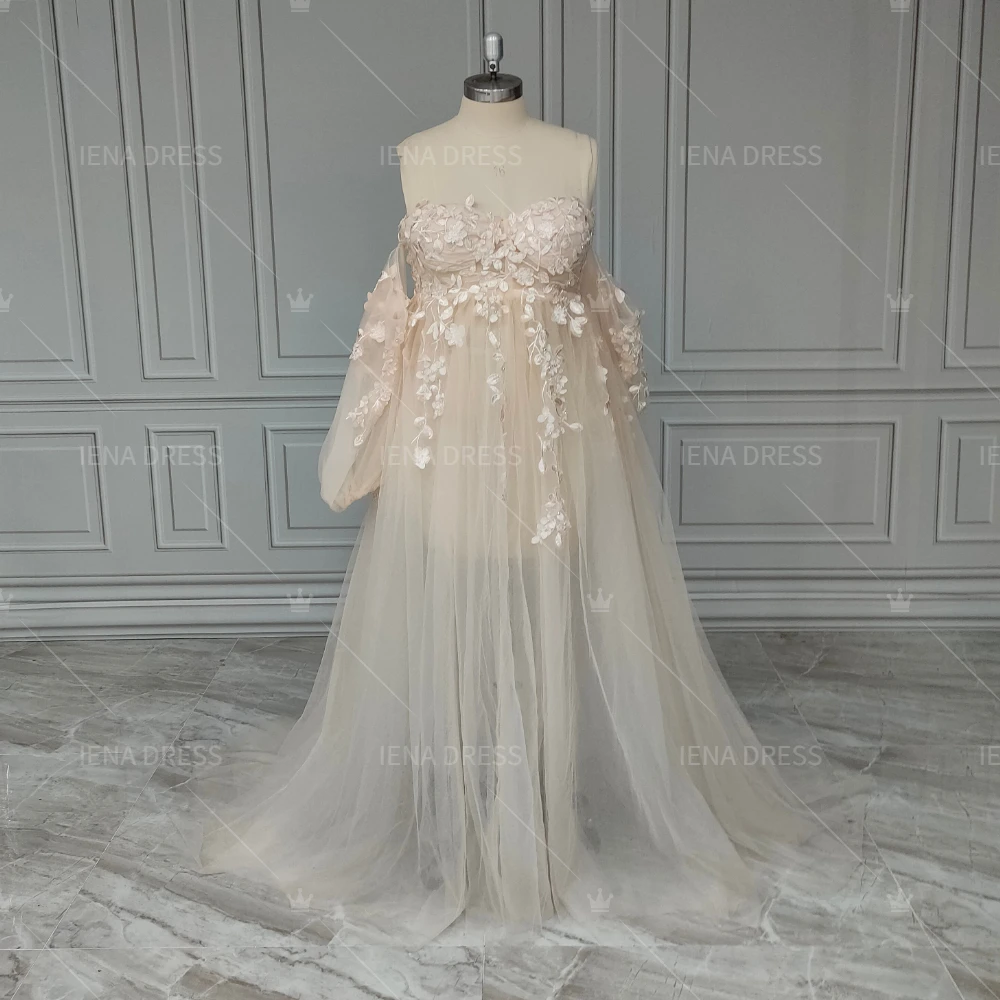 18233#3D Leaf Applique Tulle Maternity Photo Dress with Puff Sleeves for Photoshoot Baby Shower Pregnancy Robe for Pregnant Wome