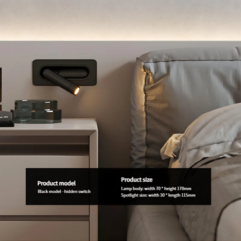 Modern Aluminum LED Recessed Rotatable Wall Lamp for Bedroom Bedside Reading Light Adjustable Directional wall Mounted Lighting