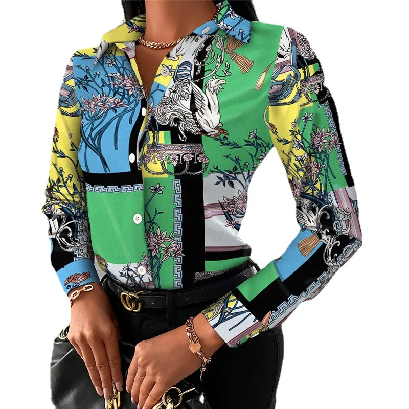 Women\'s Casual Button Long Sleeve Shirt, Patchwork Slim Tops, Elegant Blouse, Vintage Office Print Shirts, Summer Fashion, 2024