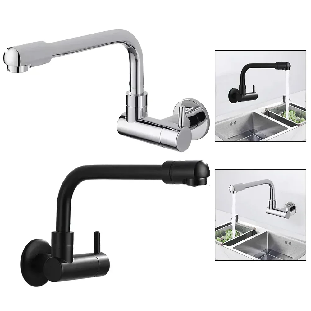 Kitchen Faucets Stainless Steel Wall Mounted Dual Hole Bathroom 360 Rotate Basin Faucet Cold Hot Water Sink Crane Mixer Taps