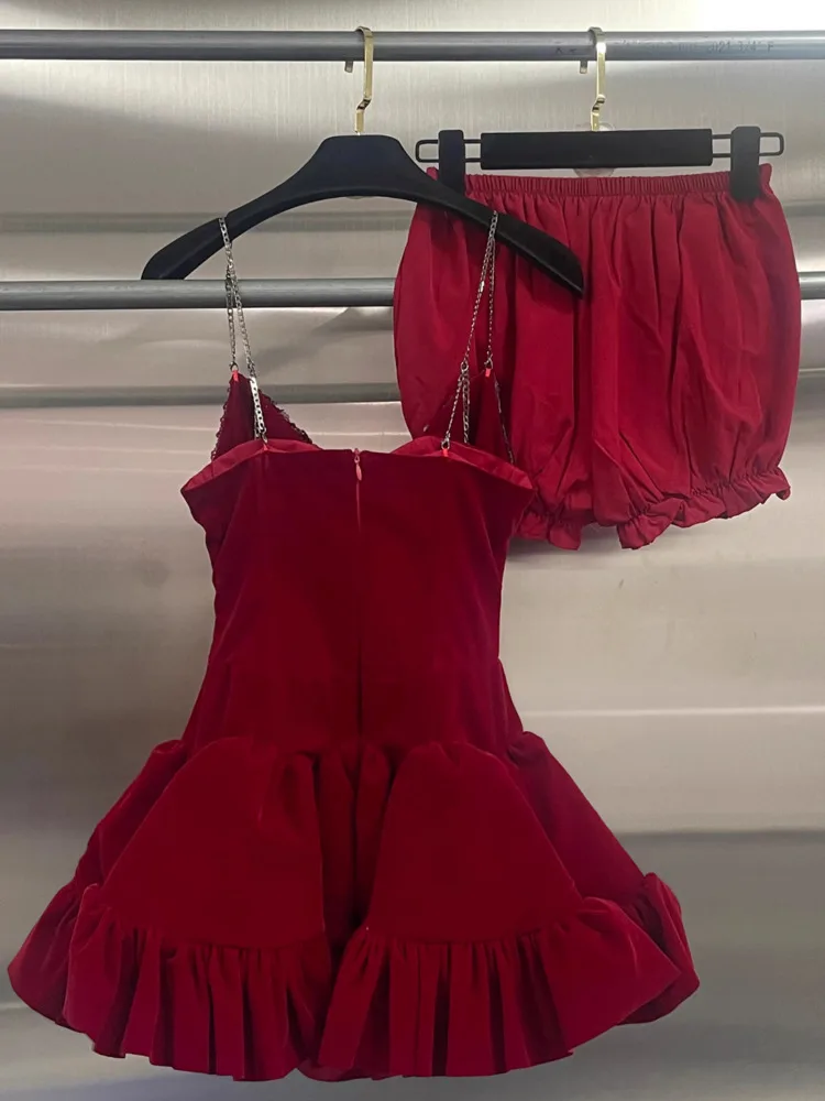 DFDG فستان نسائي 2025 ترتر أحمر بدون ظهر بحزام سباغيتي مرقع مخملي عالي الخصر فستان سهرة للربيع والصيف #2