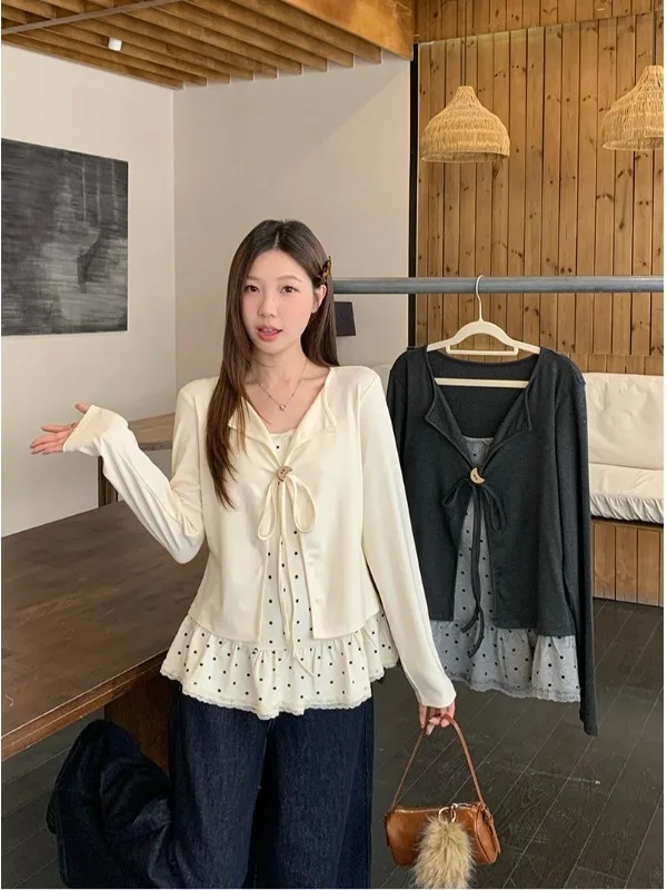 

plus Size Women's Polka Dot Long Sleeve T-Shirt Spring New Style Slimming Versatile Design Lace Splicing Top Commute Style Ko...