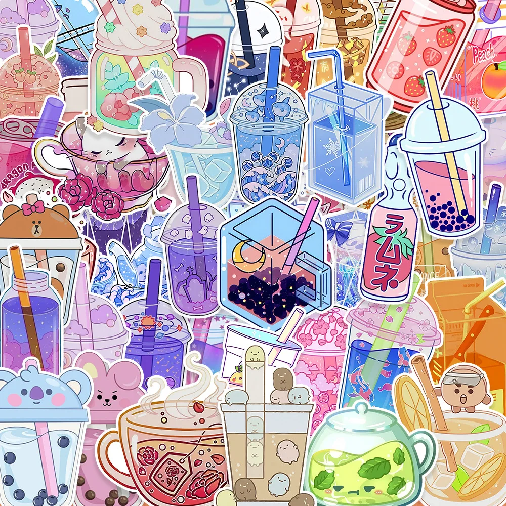 50pcs Pearl Milk Tea Drink Cartoon Graffiti Stickers DIY Phone Guitar Laptop Notebook Suitcase Cup Waterproof Stickers Kids Toys