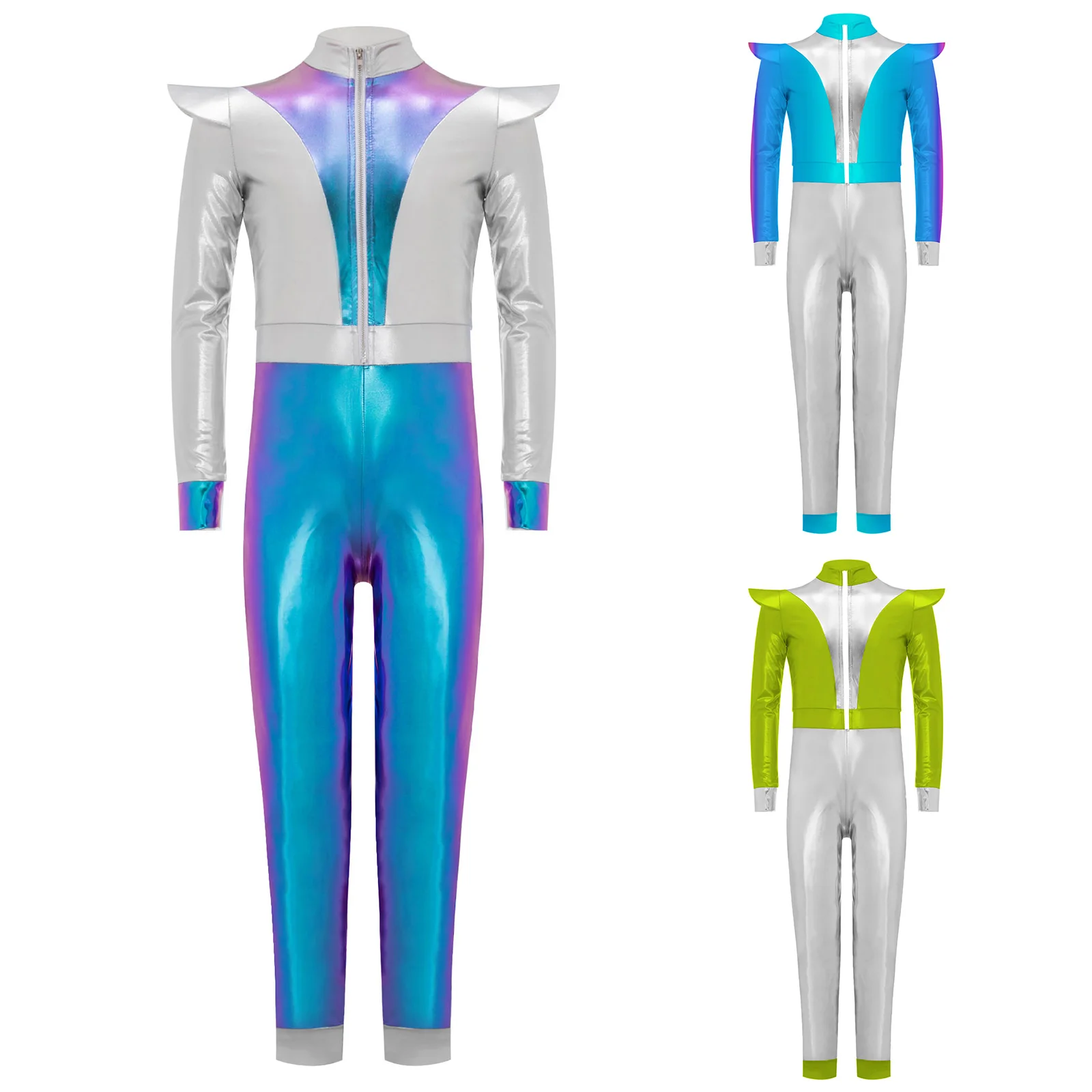Children Outer Space Alien Costume Long Sleeve Metallic Shiny Jumpsuit Halloween Robot Astronaut Galaxy Warrior Cosplay Clothes