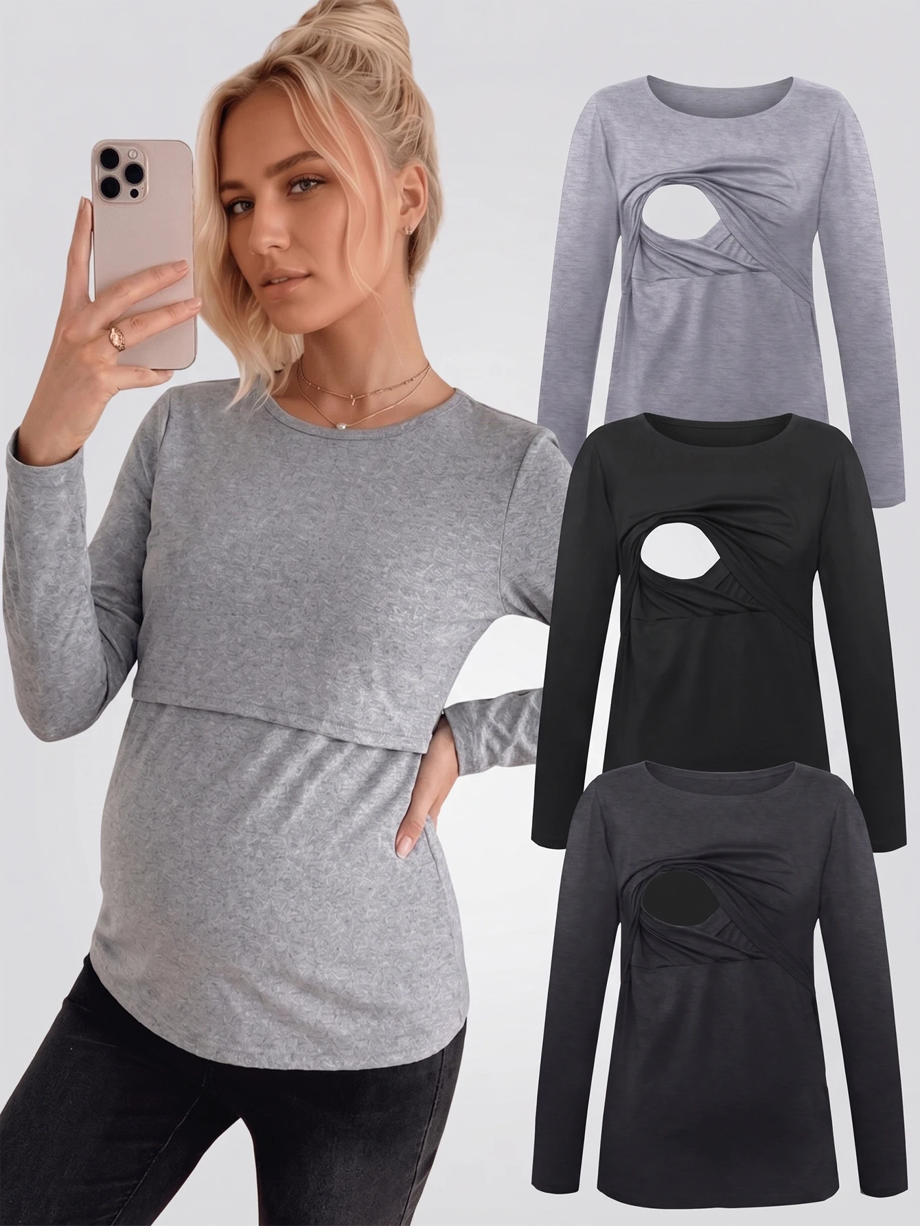 Pack of 3, pregnant women's breastfeeding long-sleeved tops, autumn and winter versatile care T-shirts, maternity clothes