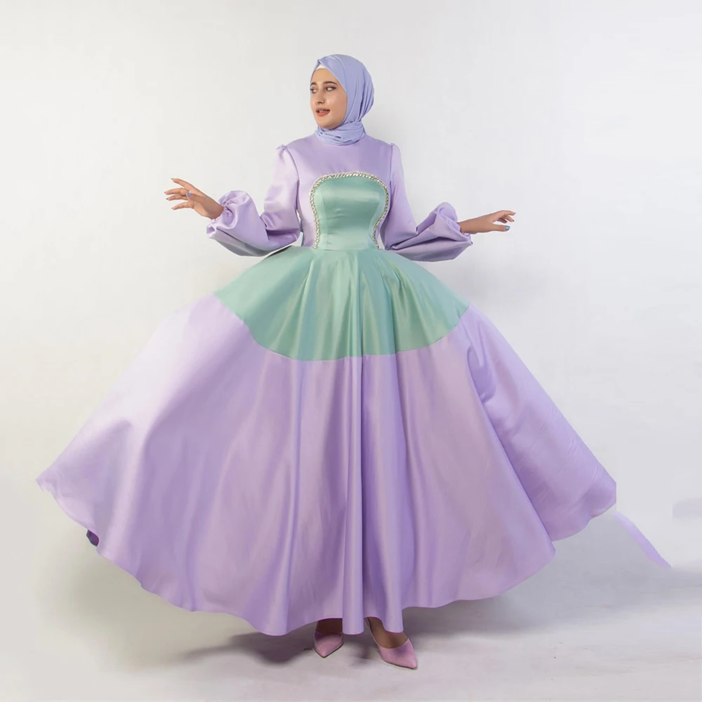 

Patchwork Muslim Saudi Arabic Women Evening Dresses Purple/Mint Green Long Sleeve Satin Dubai Prom Gowns Bead Formal Party Dress