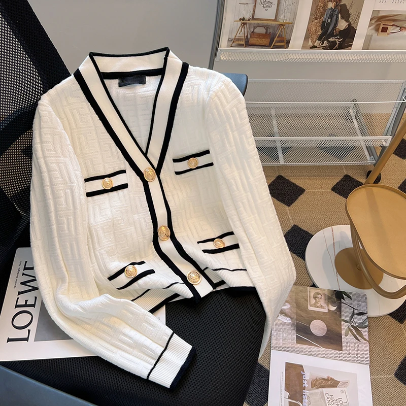 Spring Autumn Korean style V-neck vintage cardigans Black and white color blocking jacquard knitted sweather jacket female