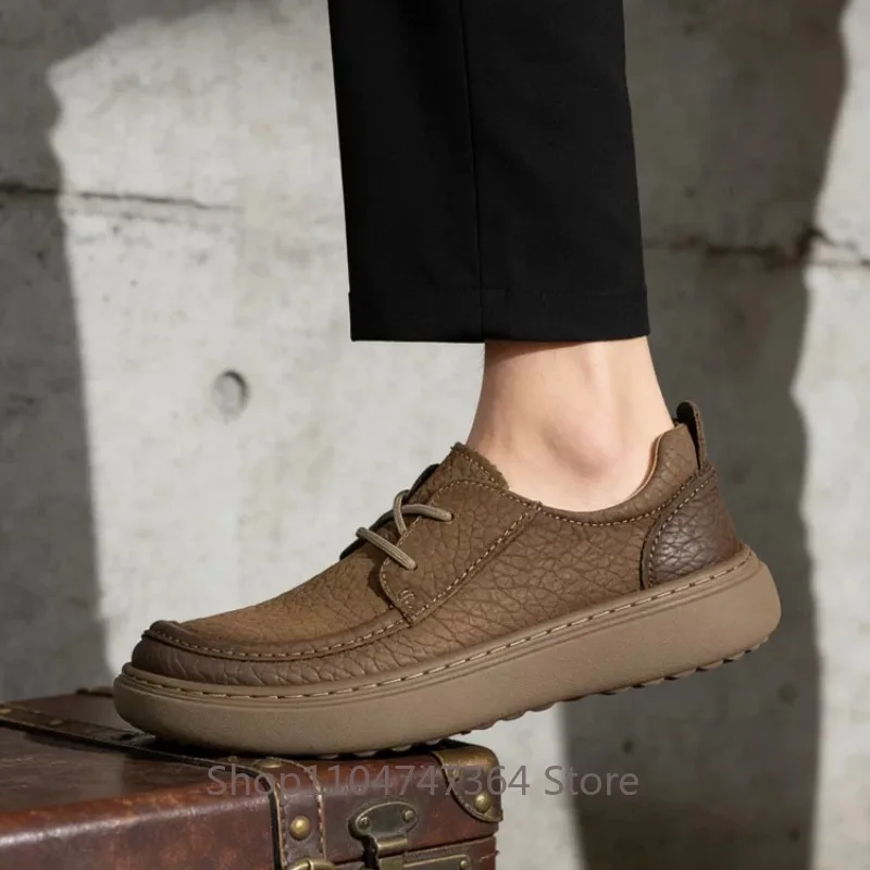 British Style Flat Sole Casual Leather Shoes Men's Retro Genuine Leather Lace Up Derby Office Work Business Male Shoes Youth