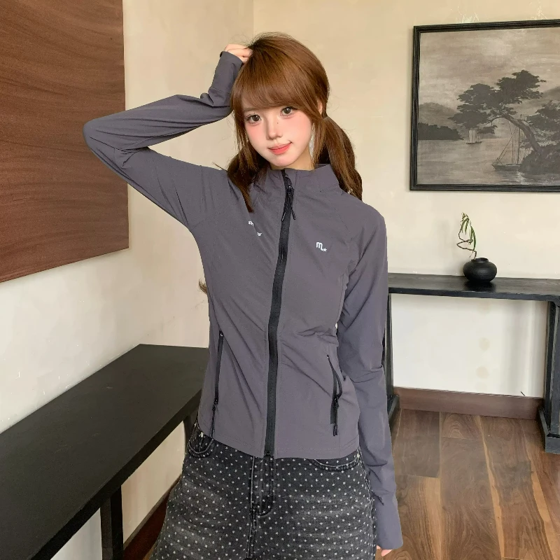 2026 New Thin Stand-up Collar Women's Sunscreen Clothing Original Y2k Solid Color UPF50 + UV Protection Versatile Jacket Ladies