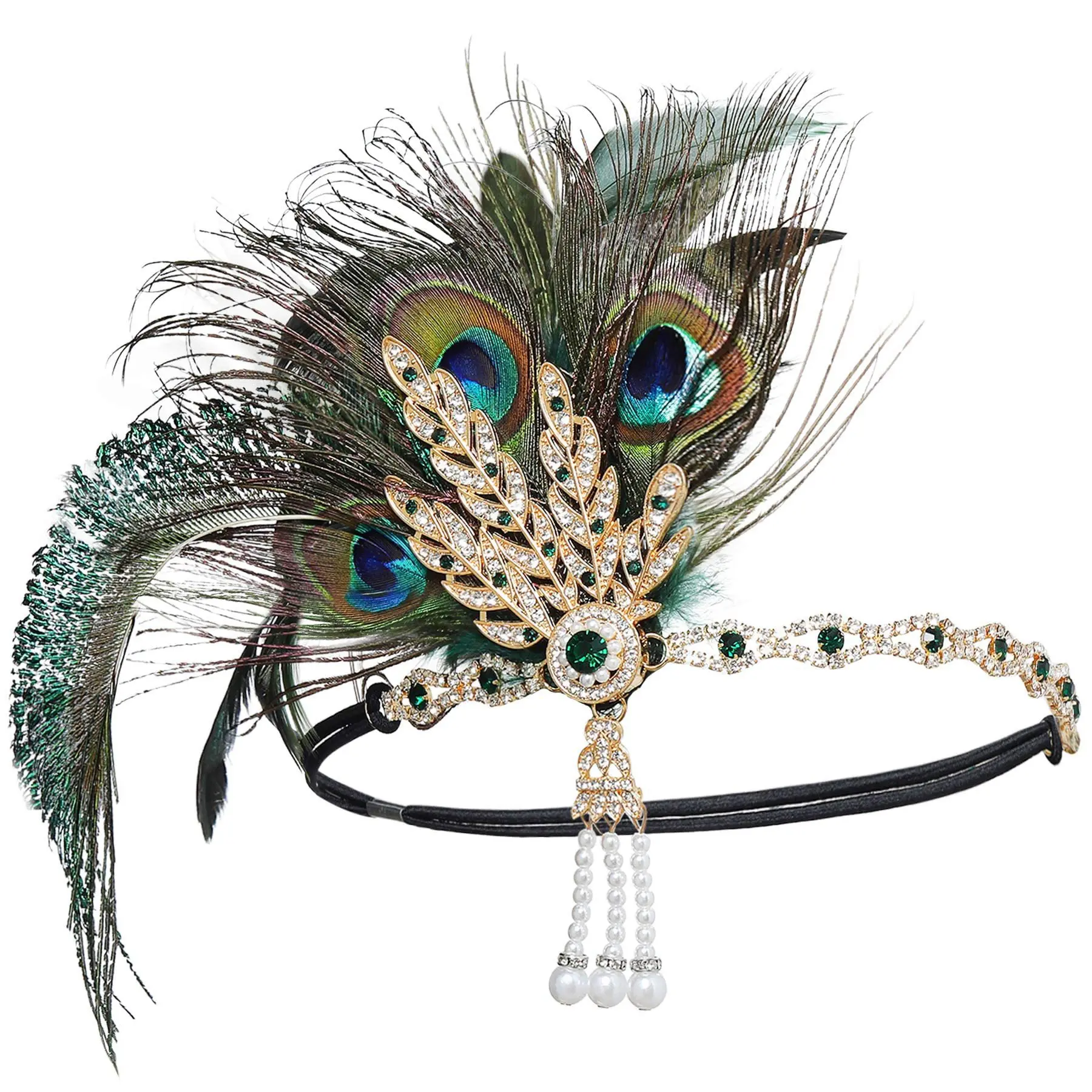 Peacock Feather Headband 1920 Flapper Girl Headpiece with Rhinestone Tassel Vintage Party Photography Hair Accessories