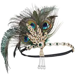 Peacock Feather Headband 1920 Flapper Girl Headpiece with Rhinestone Tassel Vintage Party Photography Hair Accessories