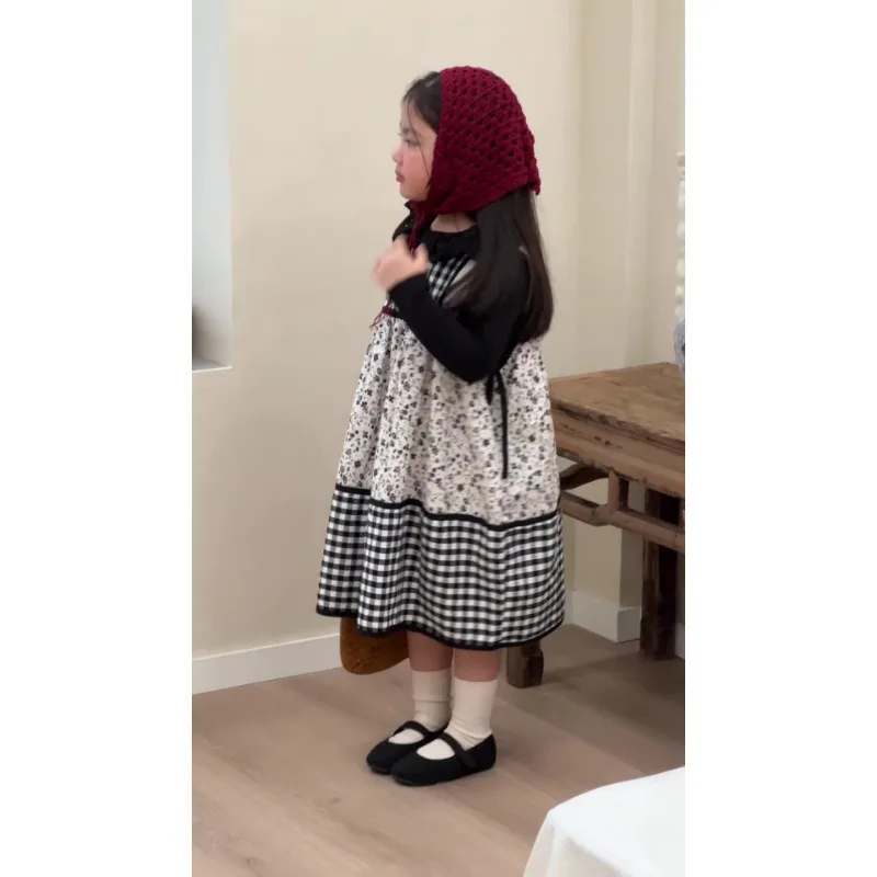 Girl's Countryside Style Dress 2025 Autumn Temperament Splicing Plaid Floral Forest Princess Skirt and Black Base Shirt Set