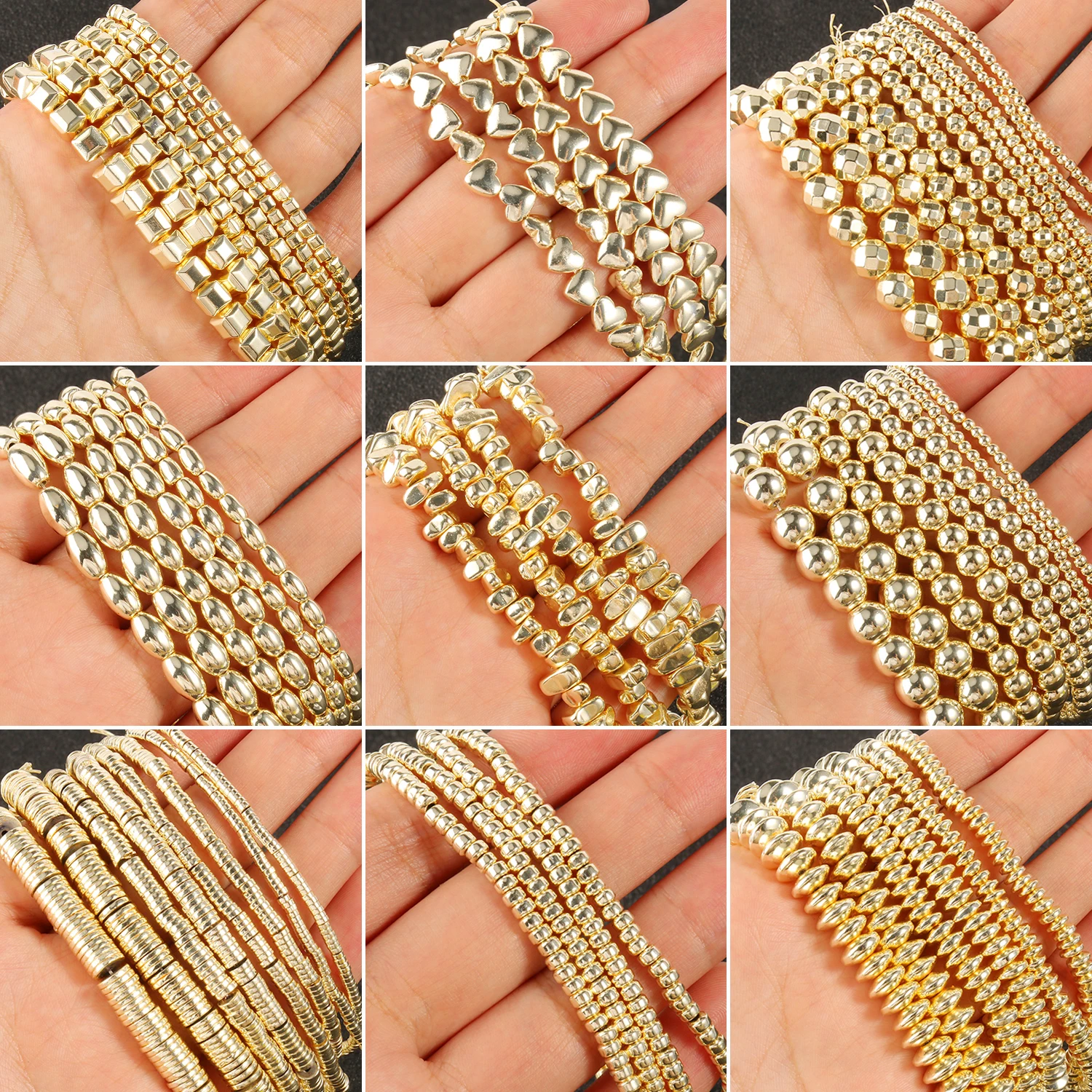 45 Types 9K Gold Plated Natural Stone Round Cross Hollow Rice Hematite Loose Beads For Jewelry Making DIY Bracelet Accessories