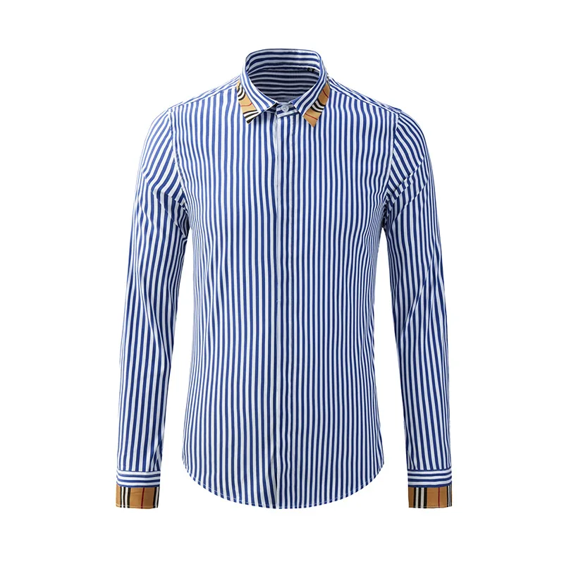 High end trend light luxury business blue and white striped patchwork collar men\'s long sleeved shirt