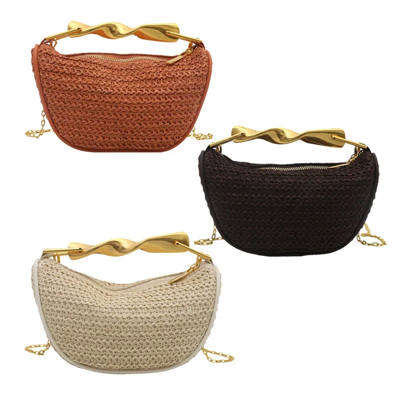 

2025 New Woven Handbag Women Retro Casual Fashion Shoulder Crossbody Bag with Metal Chain