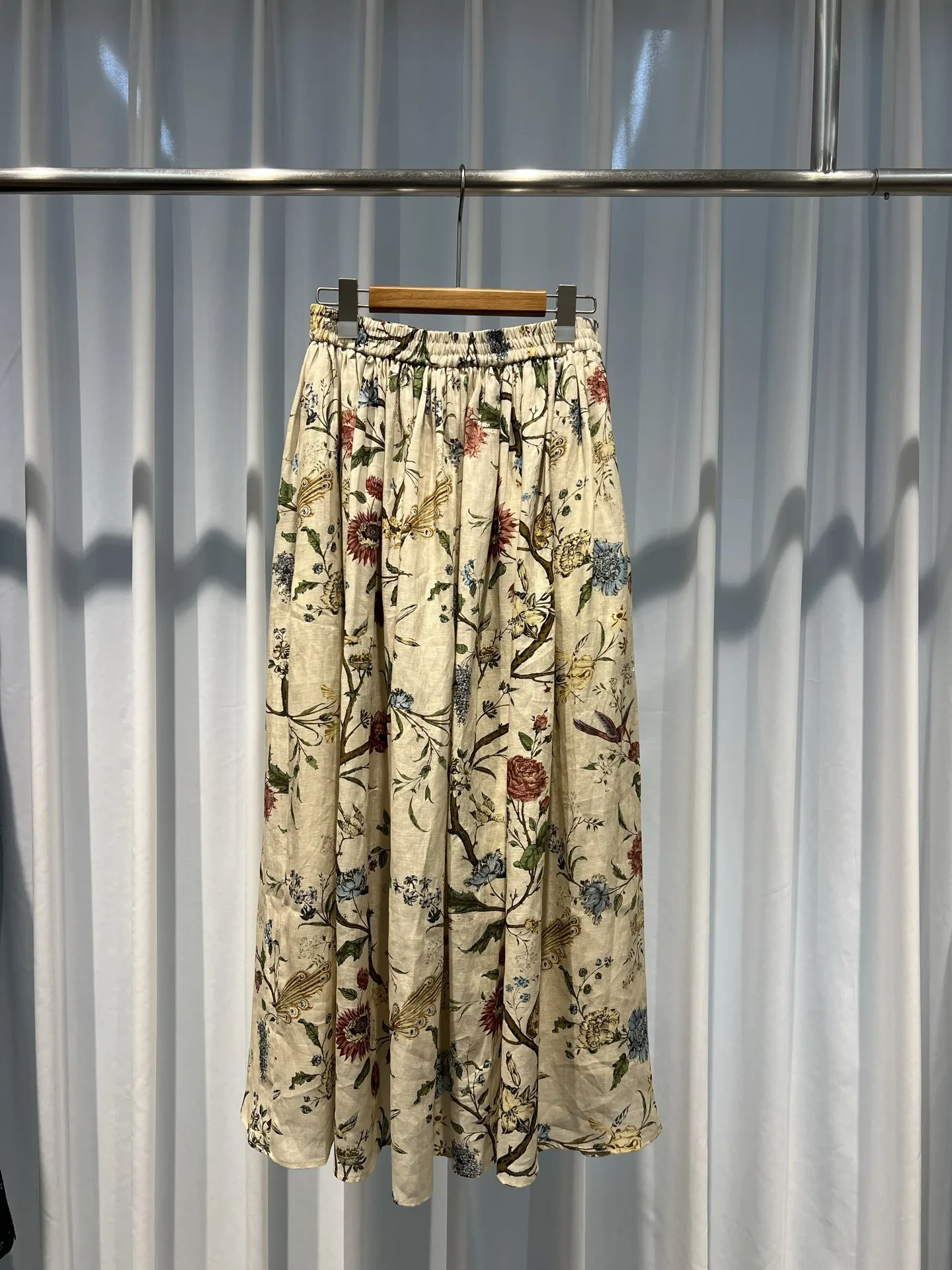 2026 Women's Floral Print Midi Skirt Elastic Waist A-line Fashionable Skirt