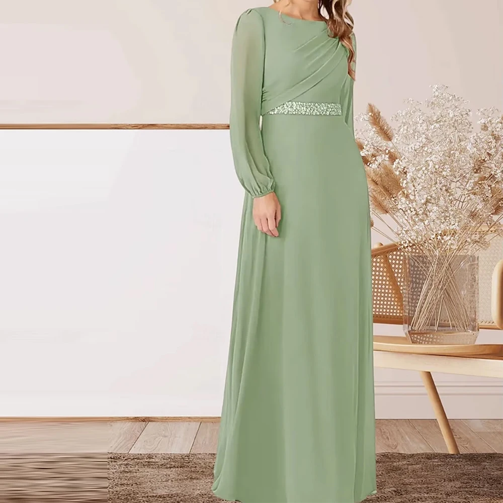 

Customized Elegant Mother of Bride Dresses A-Line Chiffon Dress Jewel Neck Long Sleeves Beading Mother the Wedding Party Dresses