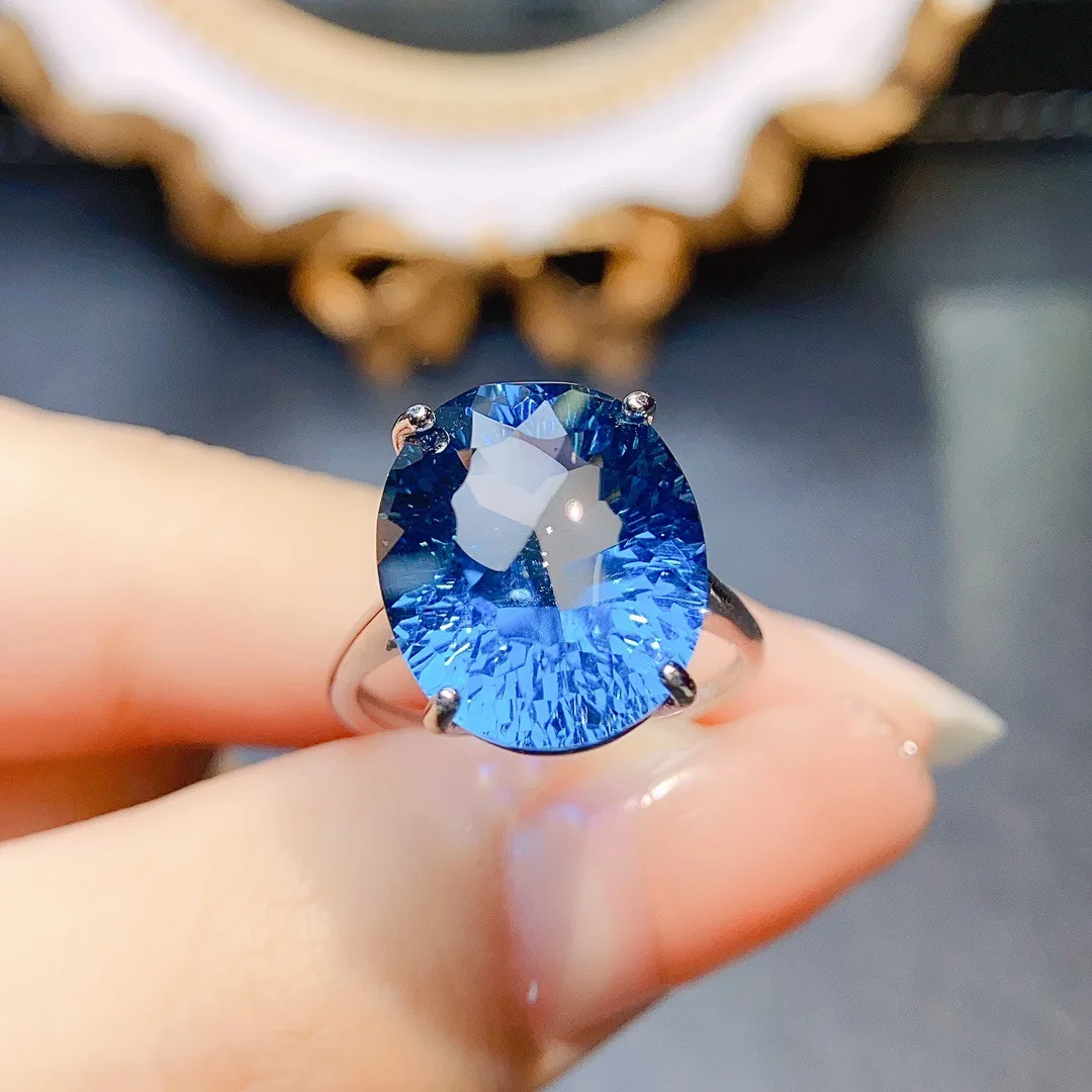

Natural Topaz Ring, S925 Silver Blue Oval 13x15mm Main Stone Adjustable, Vibrant Gemstone Jewelry Gift for Women