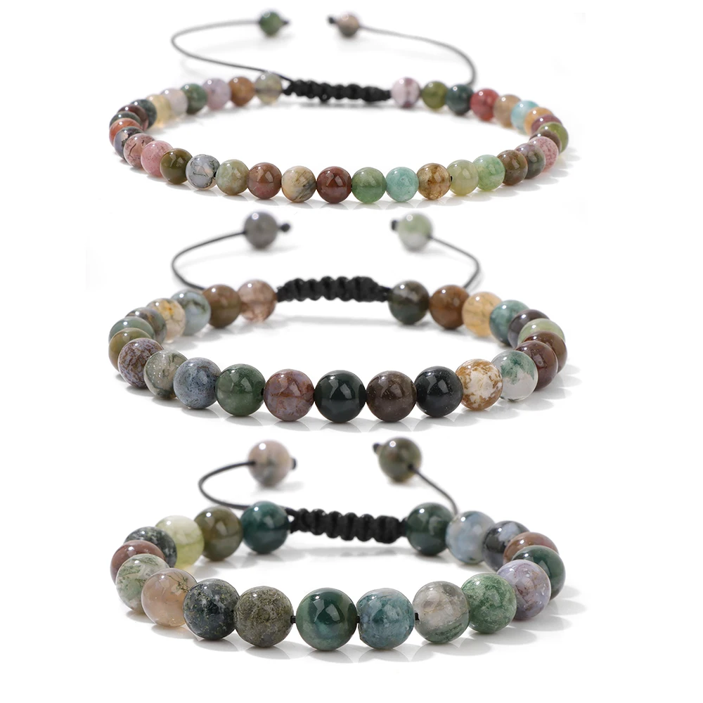 Bracelet de perles d'agates indiennes réglables pour hommes et femmes, bracelets tressés, pierre naturelle ronde, quartz, équilibre, bijoux de prière, 4mm, 6mm, 8mm