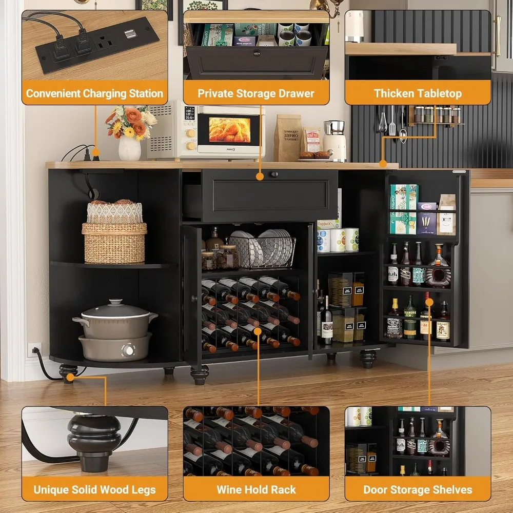 

55" Coffee Bar with Power Outlet, Wine Bar Cabinet with Wine Rack, Home Coffee Bar Cabinet, Buffet Sideboard, Customized