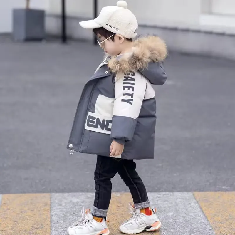Boys Plus Velvet Jackets Winter Padded Thick Warm Cotton Clothes Kids Parka Hooded Snowsuit Coats 4-12 Years