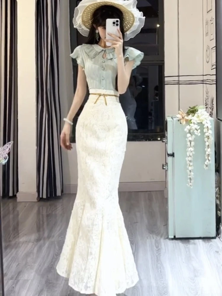 Summer French Retro Elegant 2 Piece Set Women Korea Fashion Green Stripe Tops + Slim Casual Long Skirt Female Fairy Chic Outfits