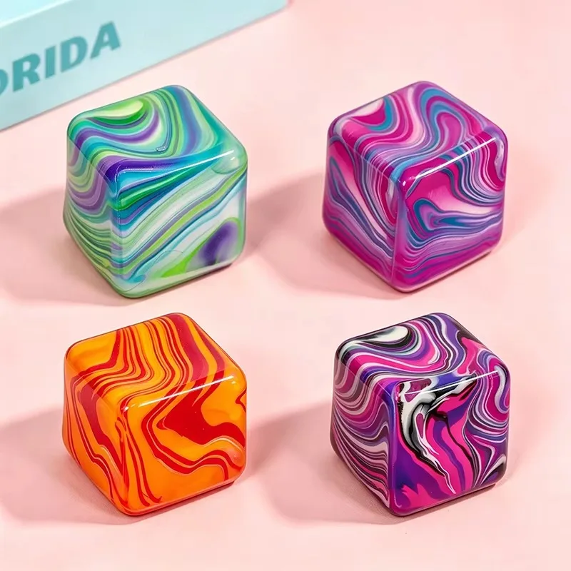 Marble Swirl Cube Squishy Fidget Toy, 4 PCS Tie-Dye Swirl Pattern Squeeze Toy, Glossy TPR Solid Squish Sensory Desk Toy