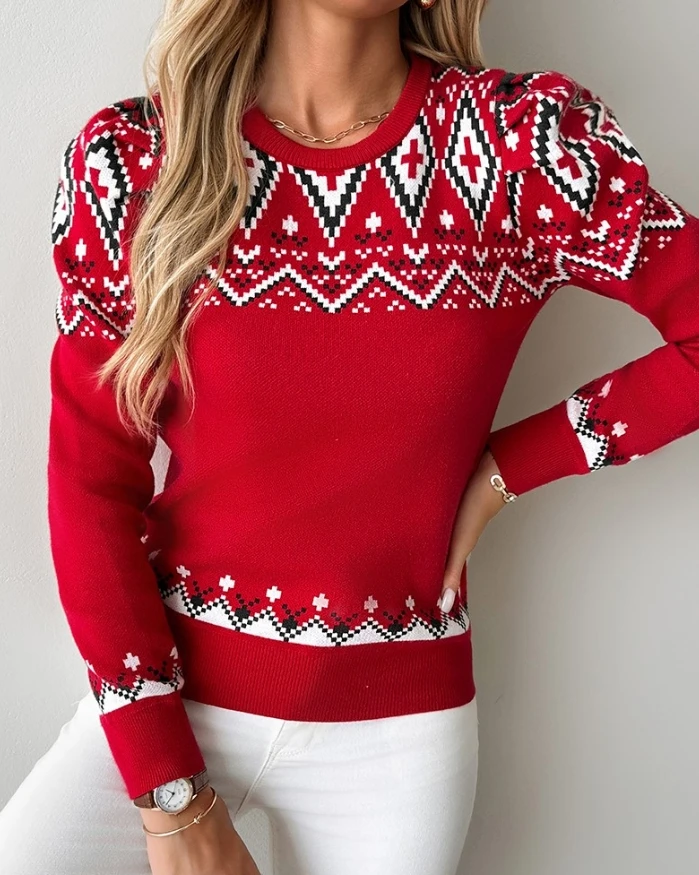 Women's Casual Knitted Sweater 2024 Winter Christmas Aztec Geometric Pattern Round Neck Long Sleeved Slim Elastic Sweater